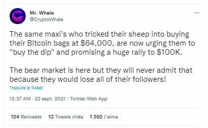 Pour Mr. Whale, le marché de Bitcoin est baissier, réfutant les prévisions d'un Bitcoin à 100 000 $.