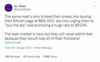 Pour Mr. Whale, le marché de Bitcoin est baissier, réfutant les prévisions d'un Bitcoin à 100 000 $.