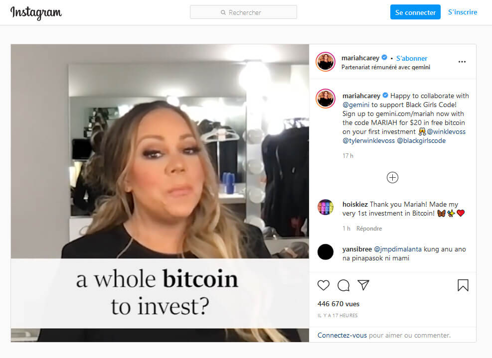 La chanteuse Mariah Carey fait la promotion de Bitcoin - exchange Gemini