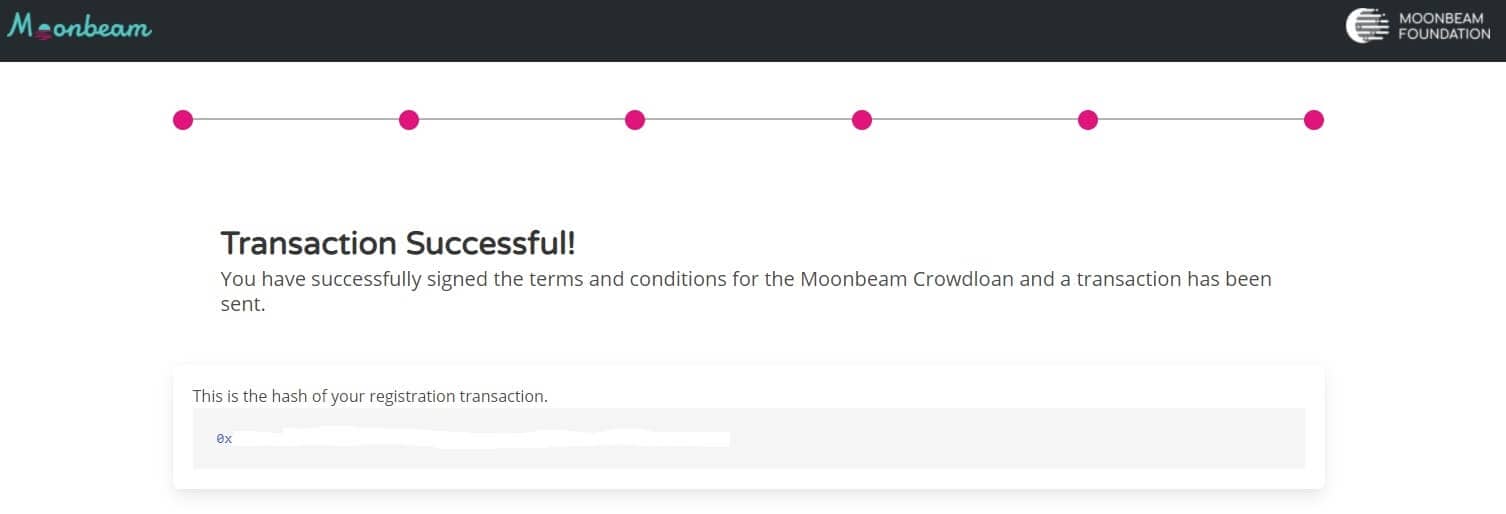 Moonbeam - Crowdloan - Pré-enregistrement - Polkadot - Transaction complète