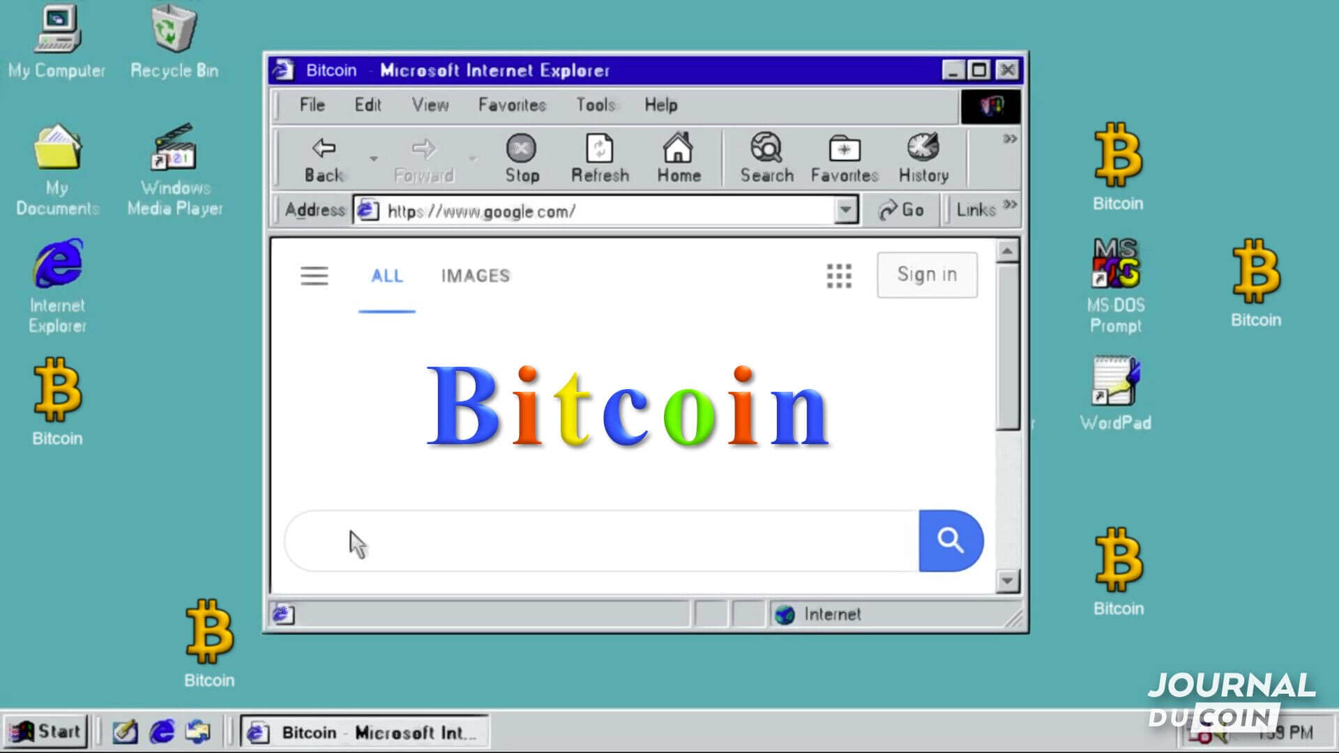Vieille interface windows sur laquelle on peut voir apparaitre le mot Bitcoin avec la police et typographie de Google.