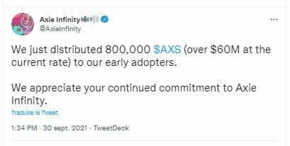 Airdrop de 800 000 AXS par Axie Infinity pour ses premiers joueurs.