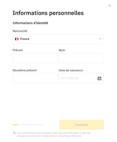 inscription sur BInance, formulaire d'identité