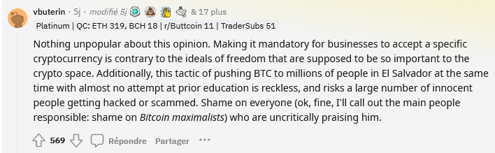 Capture de la critique sur Reddit de Vitalik Buterin, le fondateur d'Ethereum