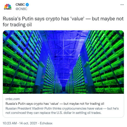 Publication Twitter CNBC cryptomonnaies valeur Vladimir Poutine