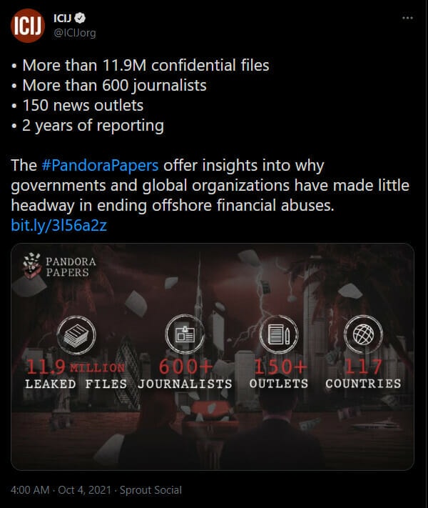 Pandora papers c'est une étude de plus de 12 millions de fichiers confidentiels, par plus de 600 journalistes pendant deux ans d'investigations. Elle met en lumière l'implication de politiciens dans de nombreuses affaires d'évasion fiscale.