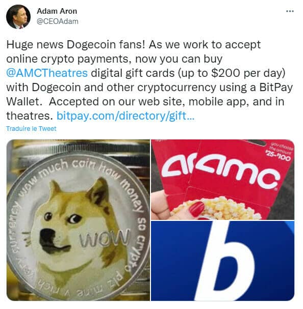 Publication Twitter Adam Aron - cartes-cadeaux numériques AMC Theatres Dogecoin autres cryptomonnaies portefeuille BitPay