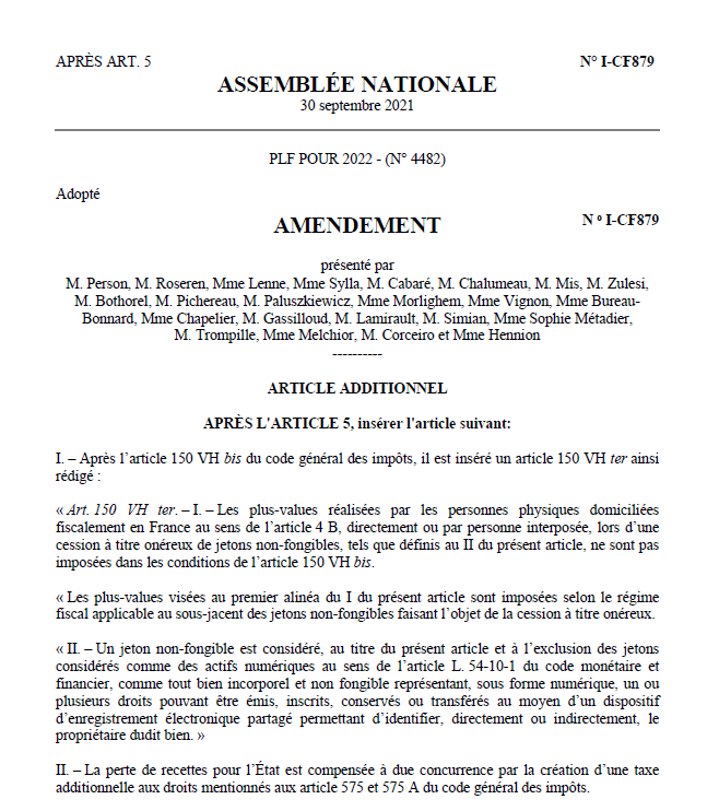 Amendement proposant l'imposition des NFT (jeton non-fongible) qui a été adopté par la Commission des Finances le 5 octobre 2021. 
