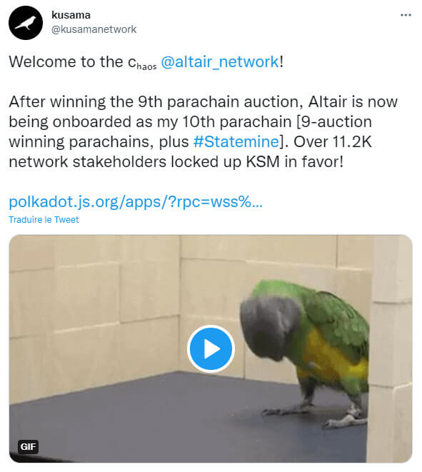 Publication Twitter de Kusama annonçant la victoire d'Altair à sa neuvième vente aux enchères