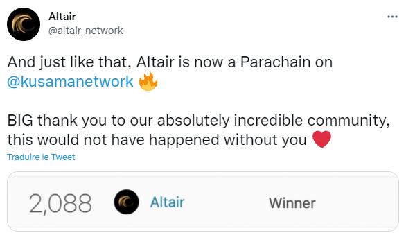 Publication Twitter d'Altair Network remerciant sa communauté pour sa victoire à la neuvième vente aux enchères de Kusama