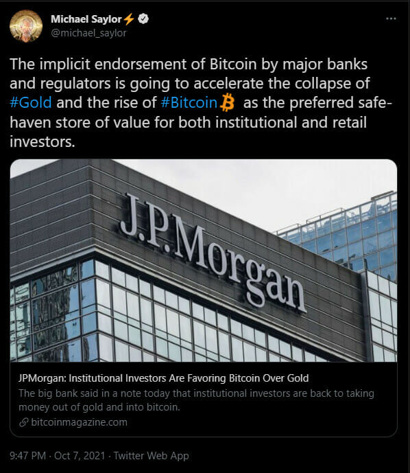 Tweet de Michael Saylor sur les raisons qui ont contribué à la hausse du Bitcoin (BTC) durant le mois d’octobre. Les investisseurs institutionnels préfèrent le Bitcoin à l’or en tant que valeur refuge à l’inflation. 