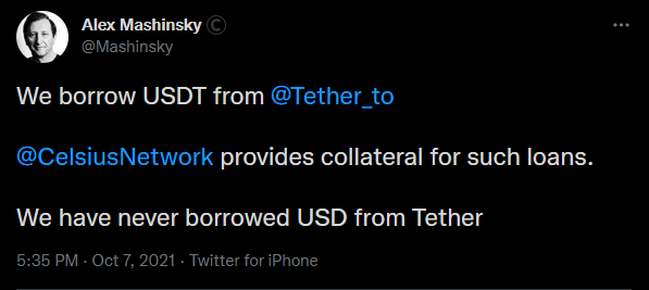  Publication Twitter Alex Mashinsky emprunt USDT Tether