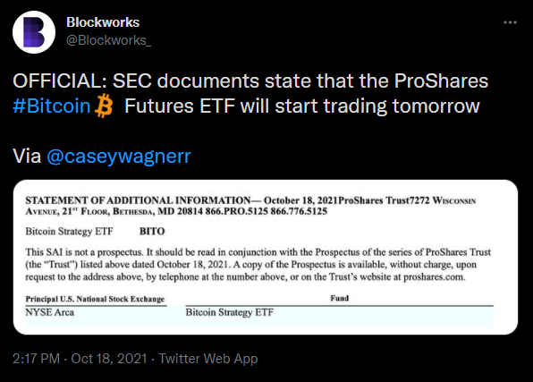 Publication Twitter Blockworks - SEC accepte premier ETF Bitcoin