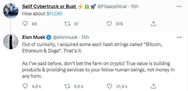 Commentaire Twitter Elon Musk - aucun Shiba Inu aucun Floki