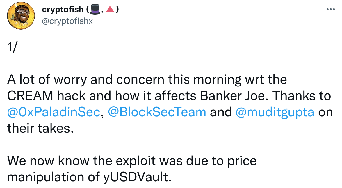 Publication Twitter Cryptofish - attaque Cream Finance manipulation du prix du yUSDVault