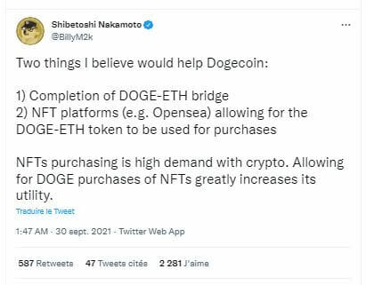 Le co-fondateur du Dogecoin, explique l'importance d'un pont DOGE - Ethereum (ETH) pour permettre l'achat de NFT avec le DOGE et augmenter ainsi son utilité.
