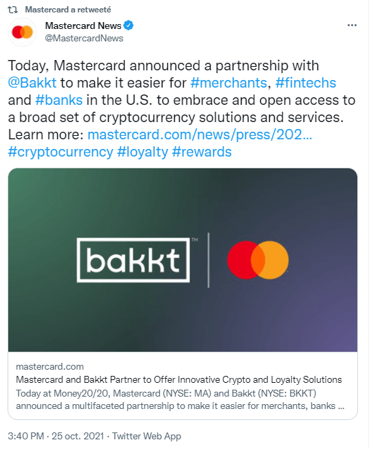 Capture du tweet de Mastercard annonçant son grand partenariat avec Bakkt