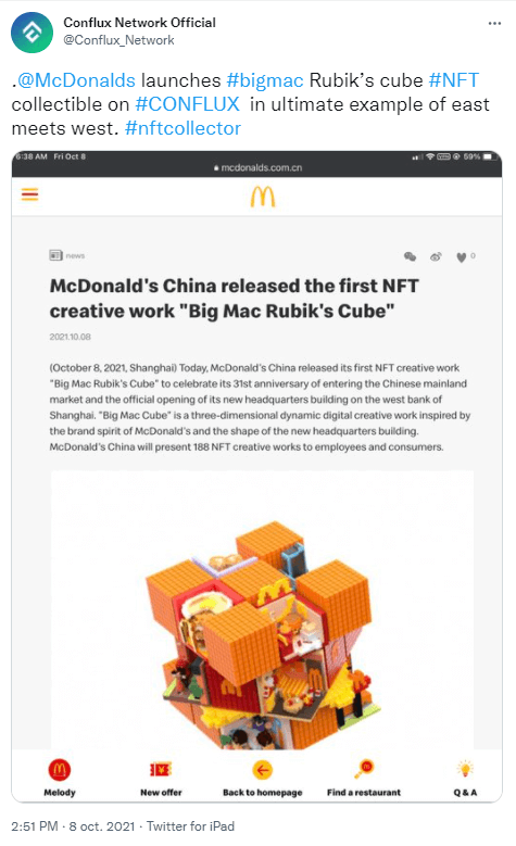 Publication Twitter Conflux Official - lancement 188 NFT McDonald's « Big Mac Rubik's Cube »