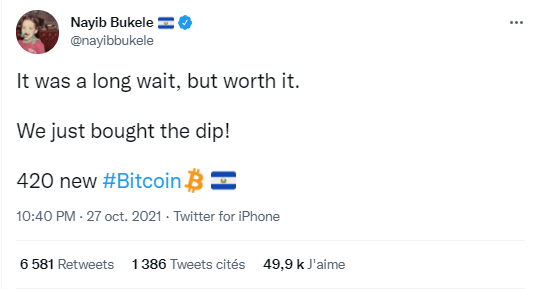 Tweet du président du Salvador qui annonce l'achat de 420 nouveaux bitcoins