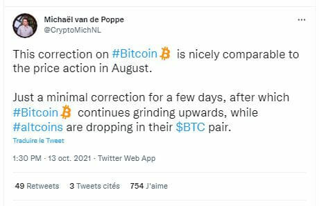 Bitcoin subit actuellement une correction, qui sera suivie d'une hausse, comme en août 2021.