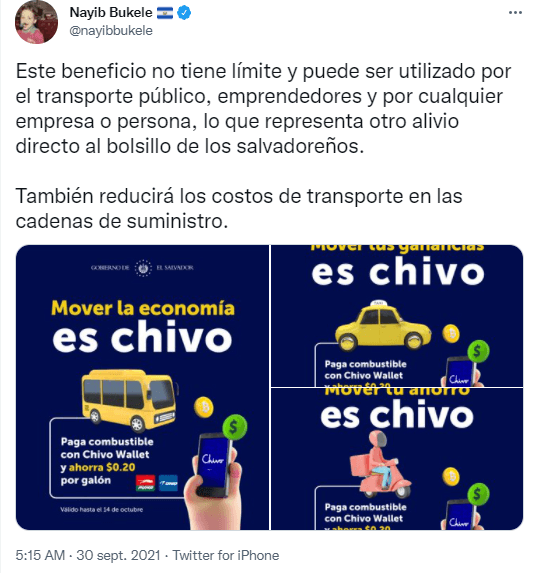 Publication Twitter Nayib Bukele - réduction carburant valable tous Salvadoriens
