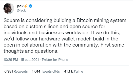 Publication Twitter Jack Dorsey - Square nouveau système de minage de bitcoins (BTC)