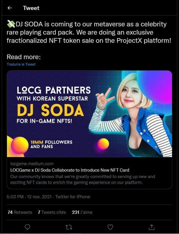 DJ SODA s'associe à LOCGame pour produire une carte NFT exclusive qui sera en vente sur la plateforme NFT ProjectX.