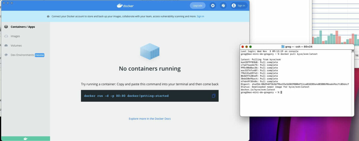 Ecran de démarrage de Docker, avec un terminal à disposition