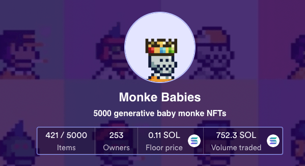 La collection de NFT Monke Babies sur Solanart