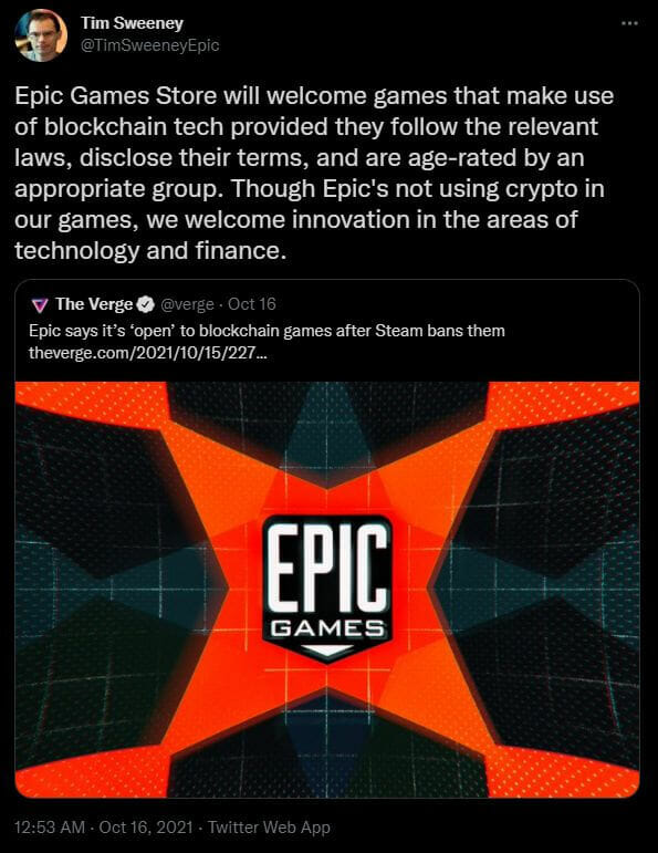 Publication Twitter Tim Sweeney - Epic Games continue accepter blockchain cryptomonnaie