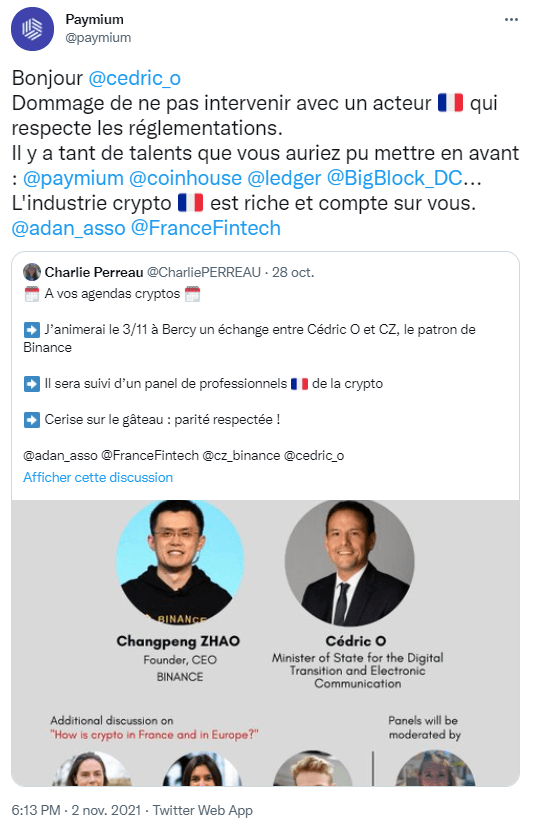 Publication Twitter Paymium regrette que les autorités privilégient un acteur étranger plutôt que les entreprises de la France