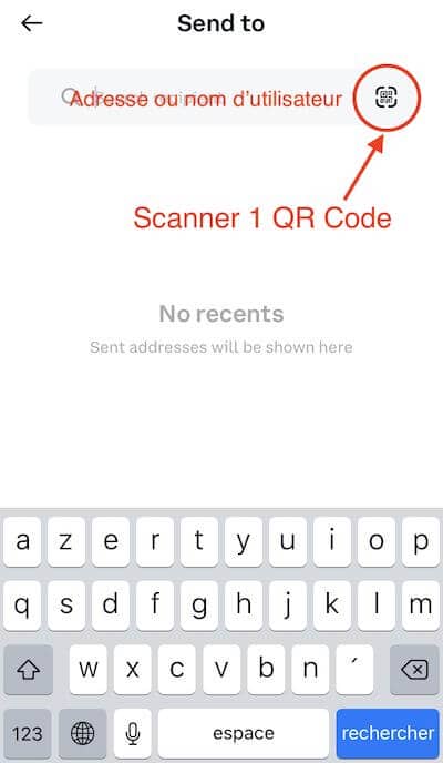 Envoyer du bitcoin avec coinbase wallet : coller la clé publique de destination ou scanner le QR Code 