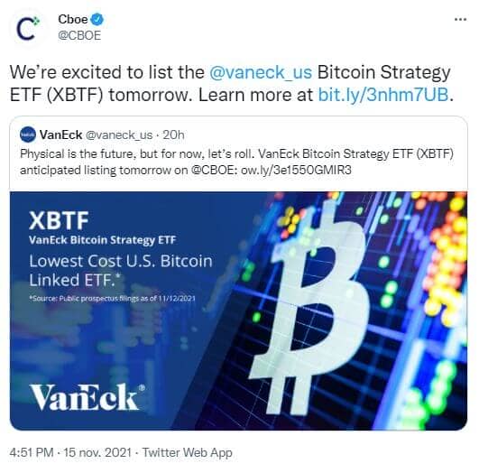 Publication Twitter CBOE - cotation en bourse VanEck Bitcoin Strategy ETF