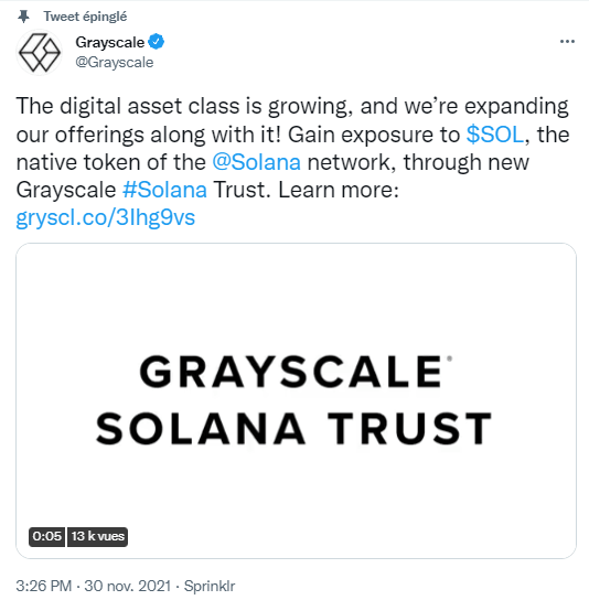Tweet de Grayscale annonçant son nouveau fonds Solana