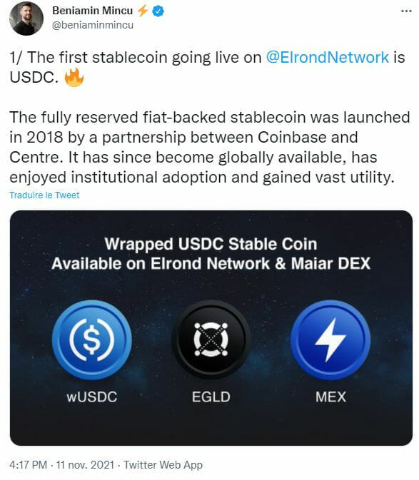 Publication Twitter Beniamin Mincu - déploiement du stablecoin USDC sur la blockchain Elrond
