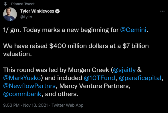 Publication Twitter Tyler Winklevoss levée de fonds 400 millions dollars Gemini valorisé à 7 milliards dollars