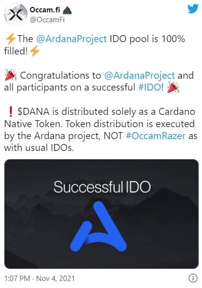 Publication Twitter Occam - annonce fin IDO Ardana