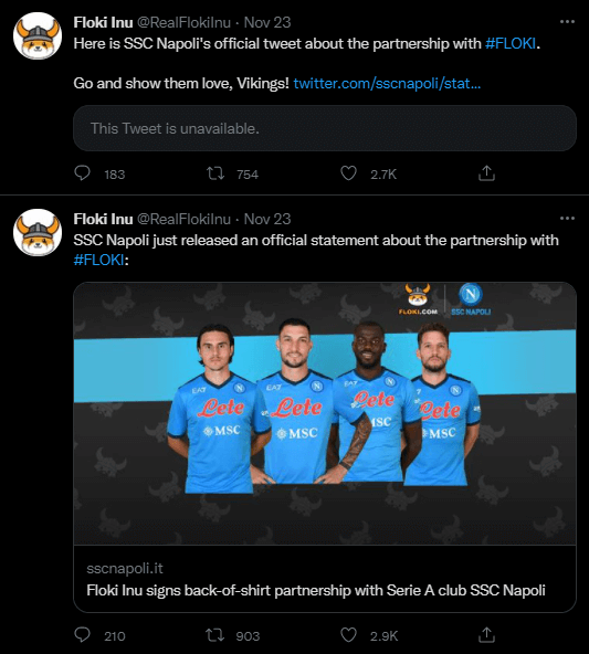 Tweet de Floki Inu au sujet de son partenariat avec la SSC Napoli. Le club de Naples aura le doge avec le casque de viking sur leurs maillots dans le dos. 