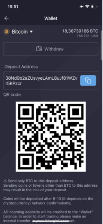 Sur l'application iOS de PrimeXBT, pour alimenter votre compte, en bitcoins comme en ethereums, il suffit de scanner un QR code