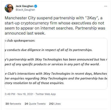 Manchester City suspend son partenariat avec l'entreprise crypto 3Key.