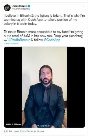 Le jouer de football américain Aaron Rodgers et Cash App organisent un concours sur Twitter et Instragram, avec à la clé 1 million de dollars en bitcoin à distribuer.