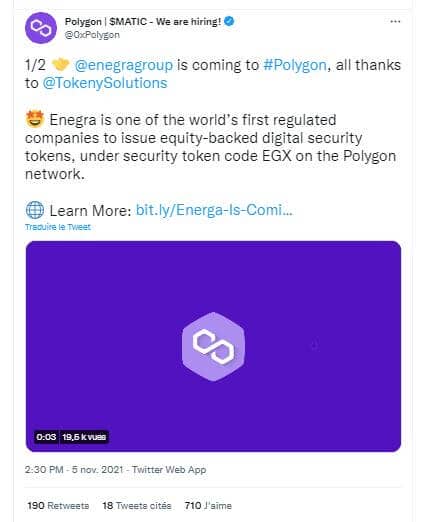 Polygon accueille les security tokens d'Enegra Group, qui a décidé de les migrer de la couche principale d'Ethereum vers la seconde couche du réseau.
