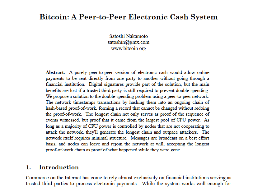 Première page du White paper de Bitcoin