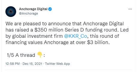 Levée de fonds de 350 millions de dollars par la banque crypto US Anchorage Digital, avec des investisseurs de renom comme PayPal, Goldman Sachs, ou BlackRock