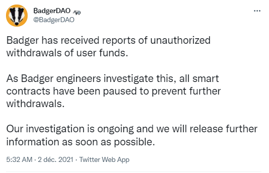 Tweet de BadgerDAO signalant des retraits non autorisés