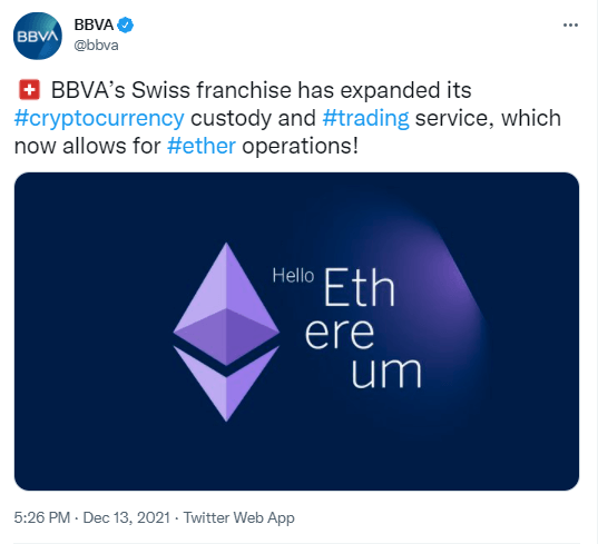 Annonce de BBVA Suisse concernant Ethereum