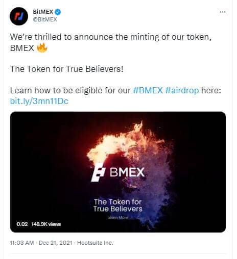 Lancement du token BMEX de BitMEX, avec un airdrop en 2022 organisé par la bourse crypto de produits dérivés.