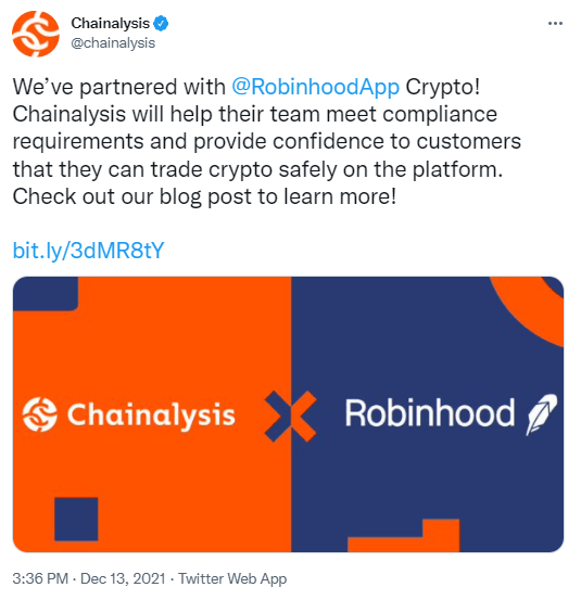Publication Twitter Chainalysis - partenariat Robinhood