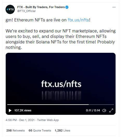 Les NFT Ethereum (ETH) débarquent sur la place de marché NFT de FTX.US au côté des NFT Solana (SOL).