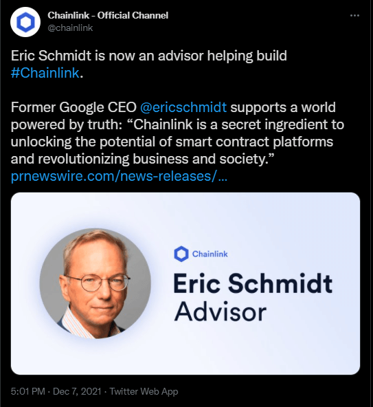 Tweet de Chainlink annonçant l'arrivée de l'ancien PDG de Google, Eric Schmidt dans les équipes de la société. Il occupera le poste de conseiller stratégique. 